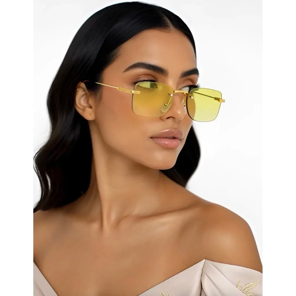 Yellow Sunglasses Uv400 Women Eyewear Narrow Small Shades Square Gold Metal 2026